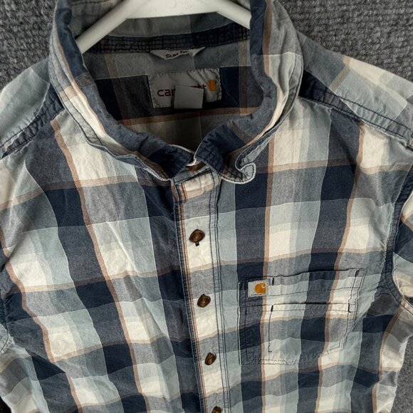 Carhartt Men Long Sleeve Blue Beige Plaid Button Up Shirt Small Slim Fit Adult - Picture 2 of 13